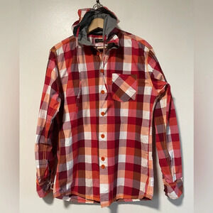 Tanjim Red & Orange Checked Plaid Hooded Button  Up Shirt Jacket - Size Large